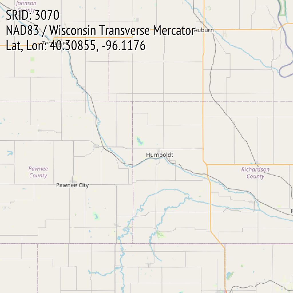 NAD83 / Wisconsin Transverse Mercator (SRID: 3070, Lat, Lon: 40.30855, -96.1176)