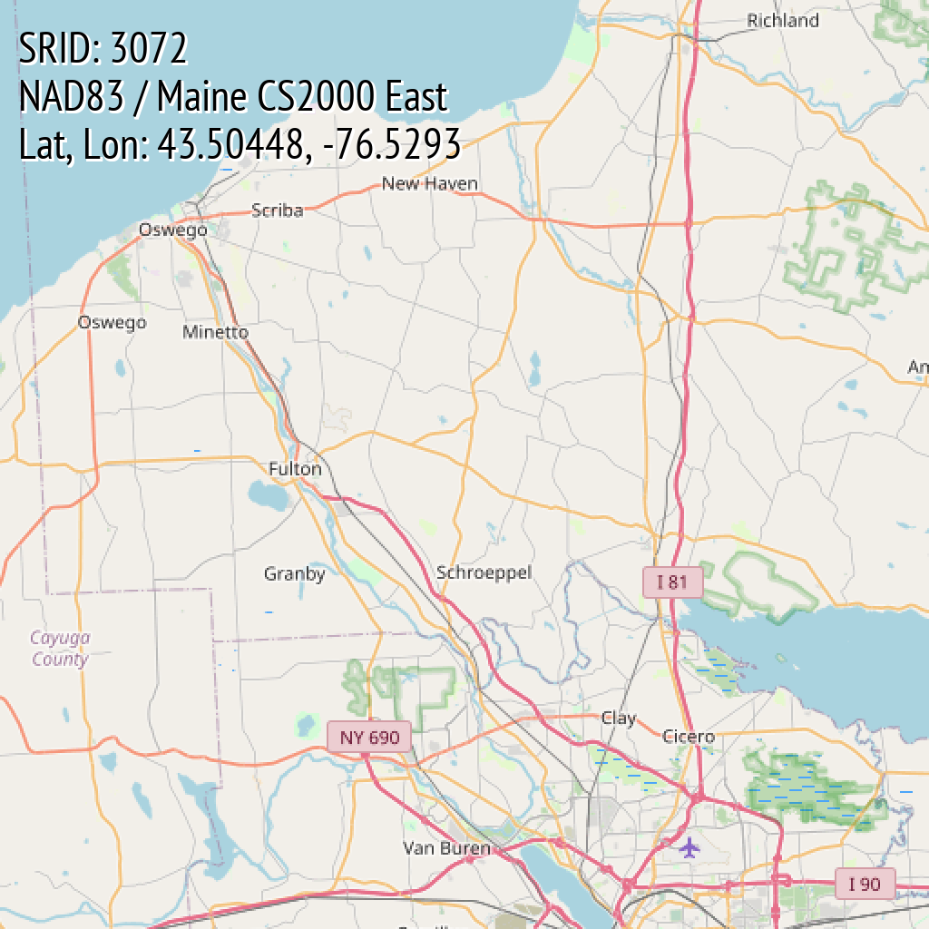 NAD83 / Maine CS2000 East (SRID: 3072, Lat, Lon: 43.50448, -76.5293)