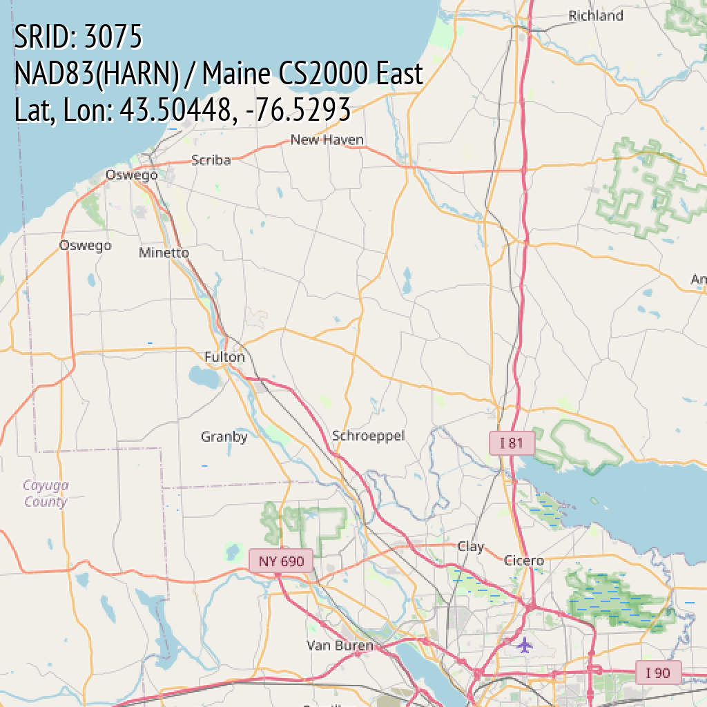 NAD83(HARN) / Maine CS2000 East (SRID: 3075, Lat, Lon: 43.50448, -76.5293)