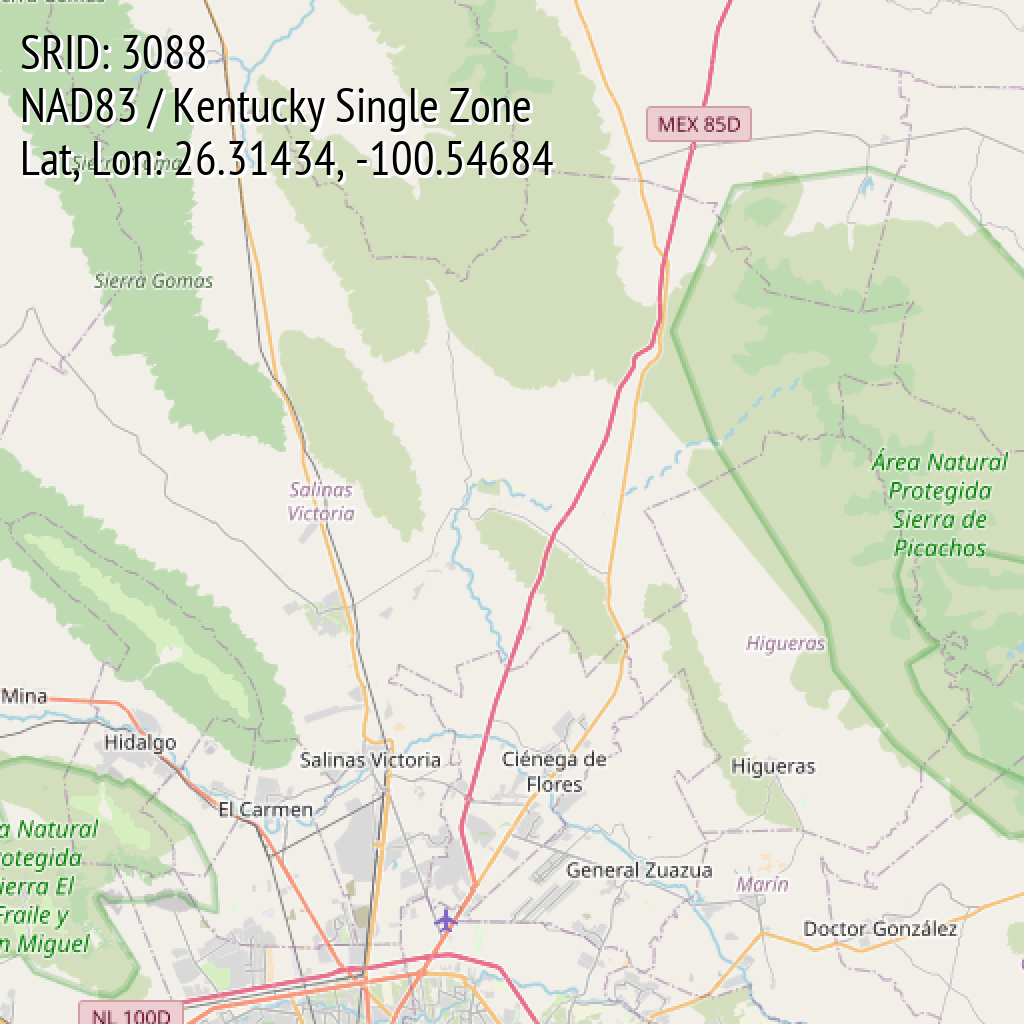 NAD83 / Kentucky Single Zone (SRID: 3088, Lat, Lon: 26.31434, -100.54684)