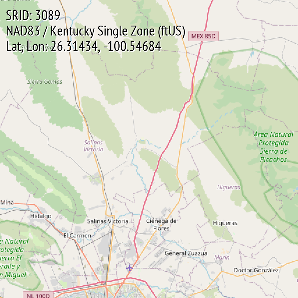 NAD83 / Kentucky Single Zone (ftUS) (SRID: 3089, Lat, Lon: 26.31434, -100.54684)