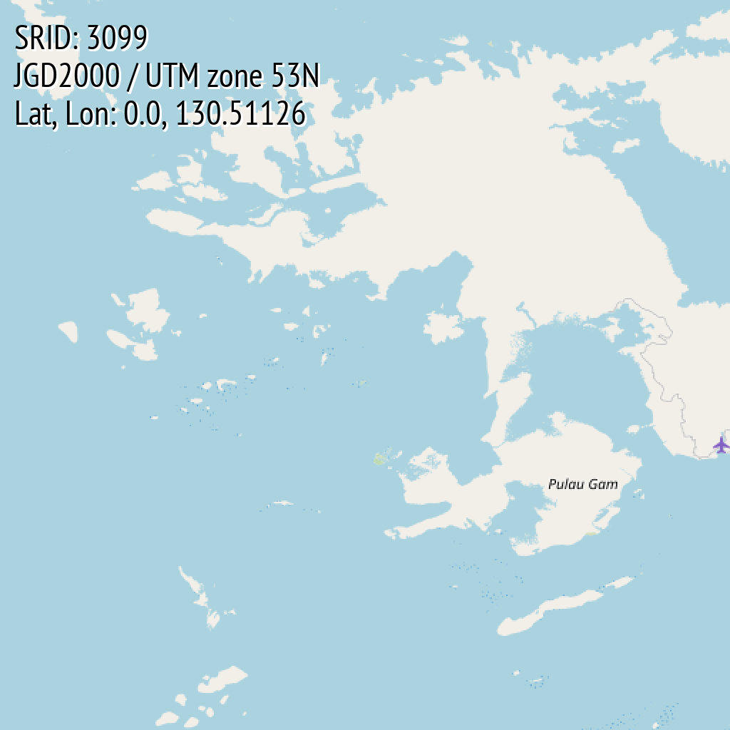 JGD2000 / UTM zone 53N (SRID: 3099, Lat, Lon: 0.0, 130.51126)