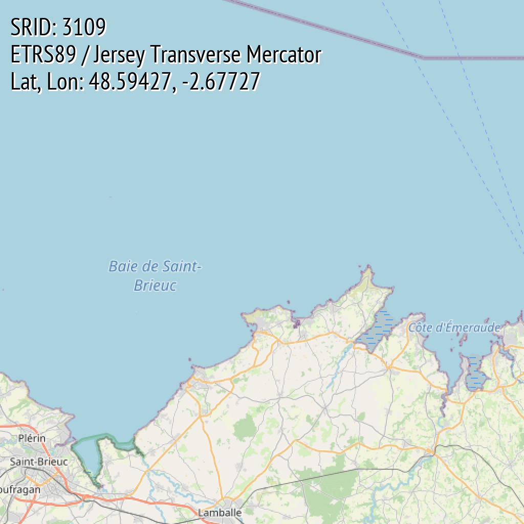 ETRS89 / Jersey Transverse Mercator (SRID: 3109, Lat, Lon: 48.59427, -2.67727)