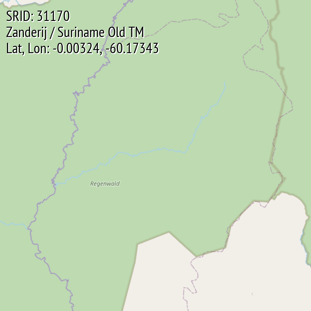Zanderij / Suriname Old TM (SRID: 31170, Lat, Lon: -0.00324, -60.17343)