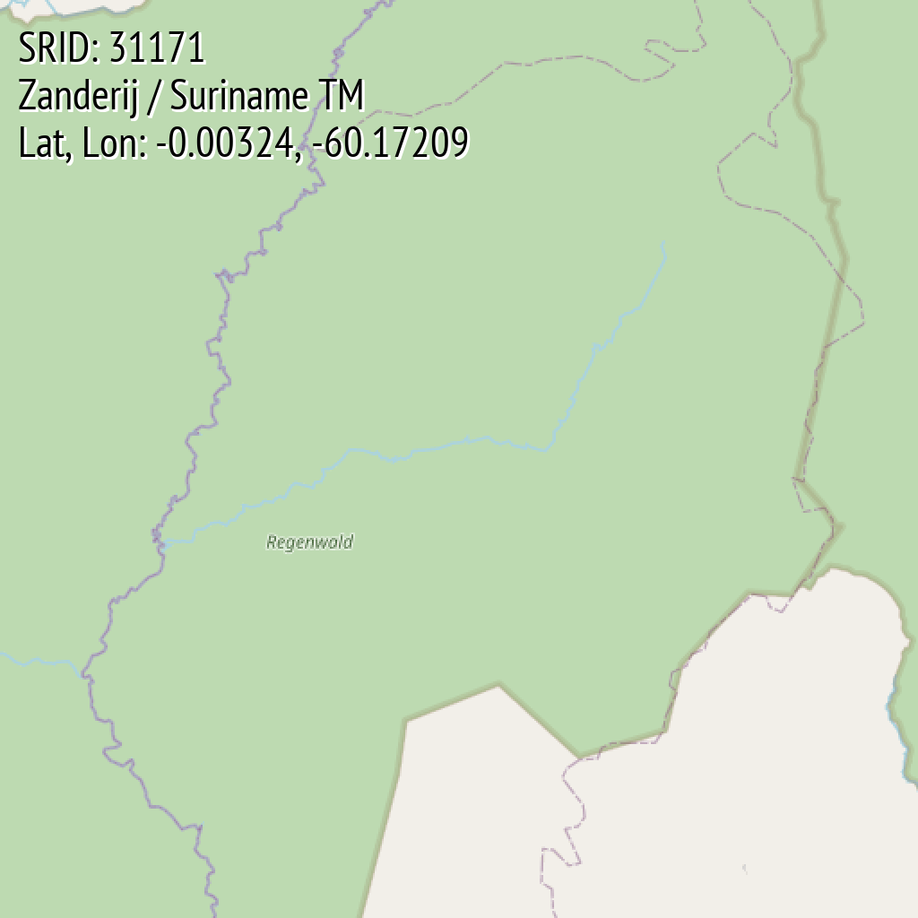 Zanderij / Suriname TM (SRID: 31171, Lat, Lon: -0.00324, -60.17209)