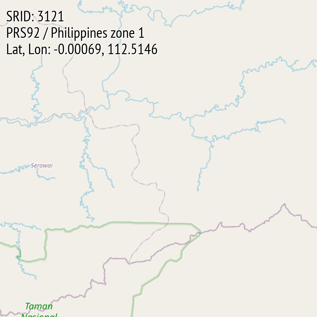 PRS92 / Philippines zone 1 (SRID: 3121, Lat, Lon: -0.00069, 112.5146)
