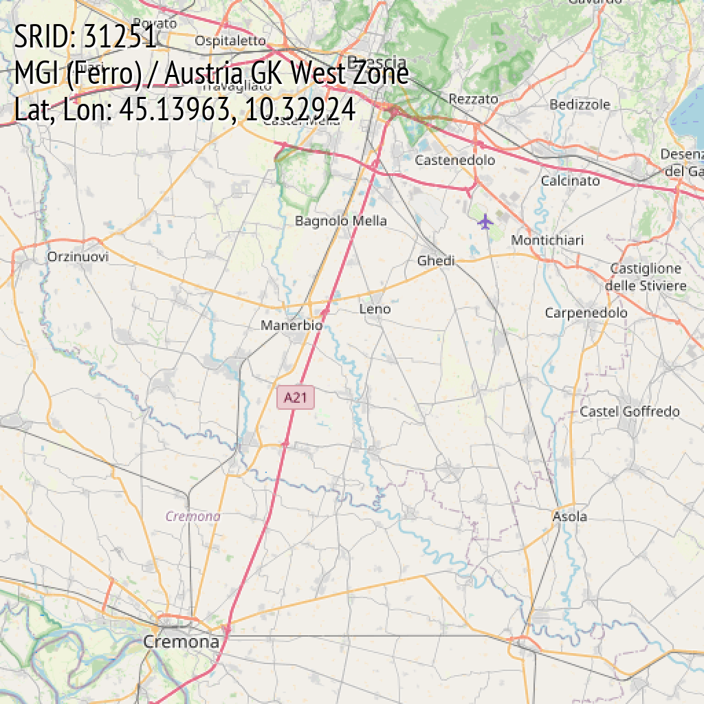 MGI (Ferro) / Austria GK West Zone (SRID: 31251, Lat, Lon: 45.13963, 10.32924)