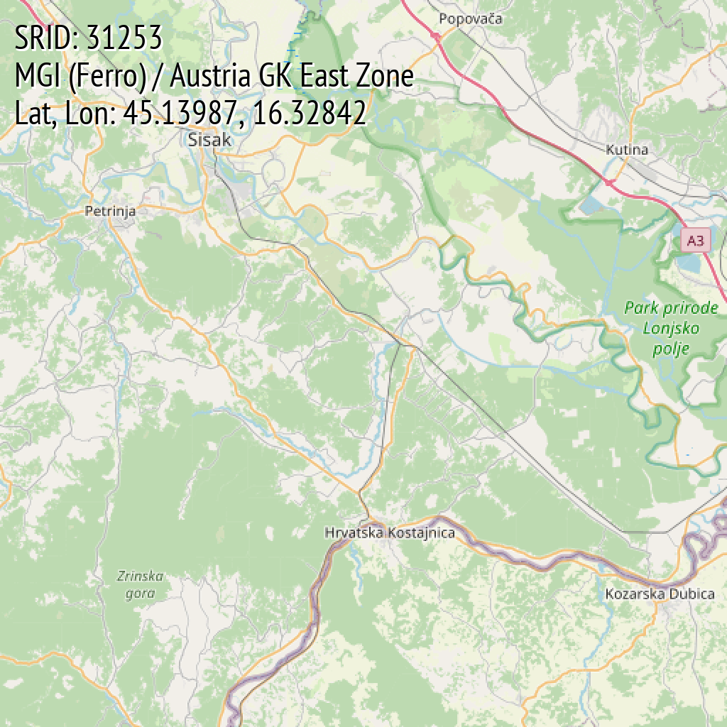 MGI (Ferro) / Austria GK East Zone (SRID: 31253, Lat, Lon: 45.13987, 16.32842)