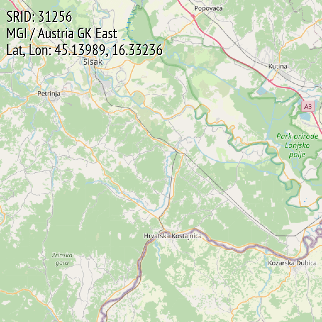 MGI / Austria GK East (SRID: 31256, Lat, Lon: 45.13989, 16.33236)