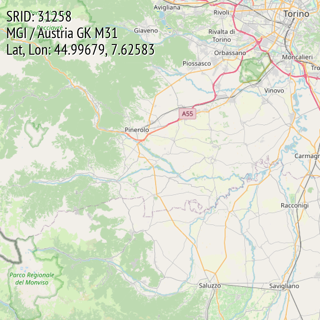 MGI / Austria GK M31 (SRID: 31258, Lat, Lon: 44.99679, 7.62583)