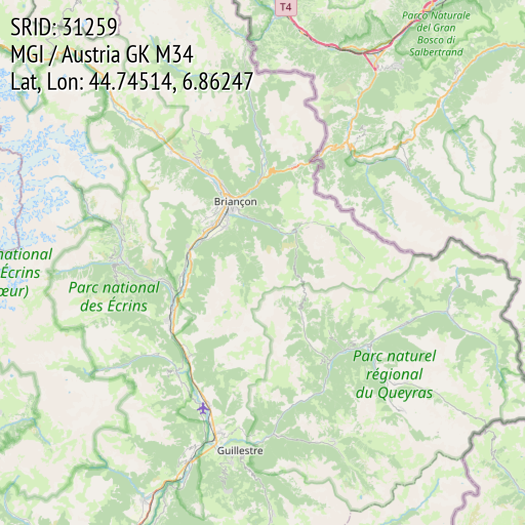 MGI / Austria GK M34 (SRID: 31259, Lat, Lon: 44.74514, 6.86247)