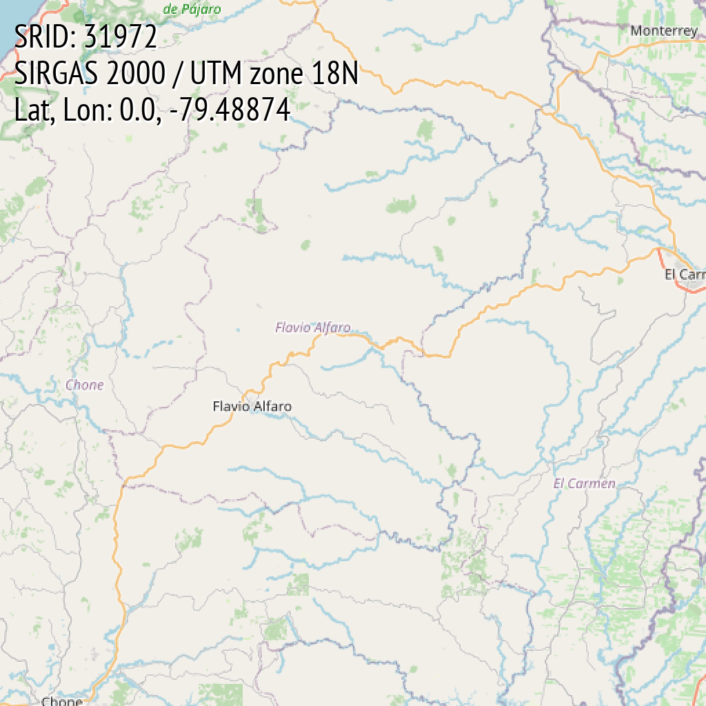 SIRGAS 2000 / UTM zone 18N (SRID: 31972, Lat, Lon: 0.0, -79.48874)