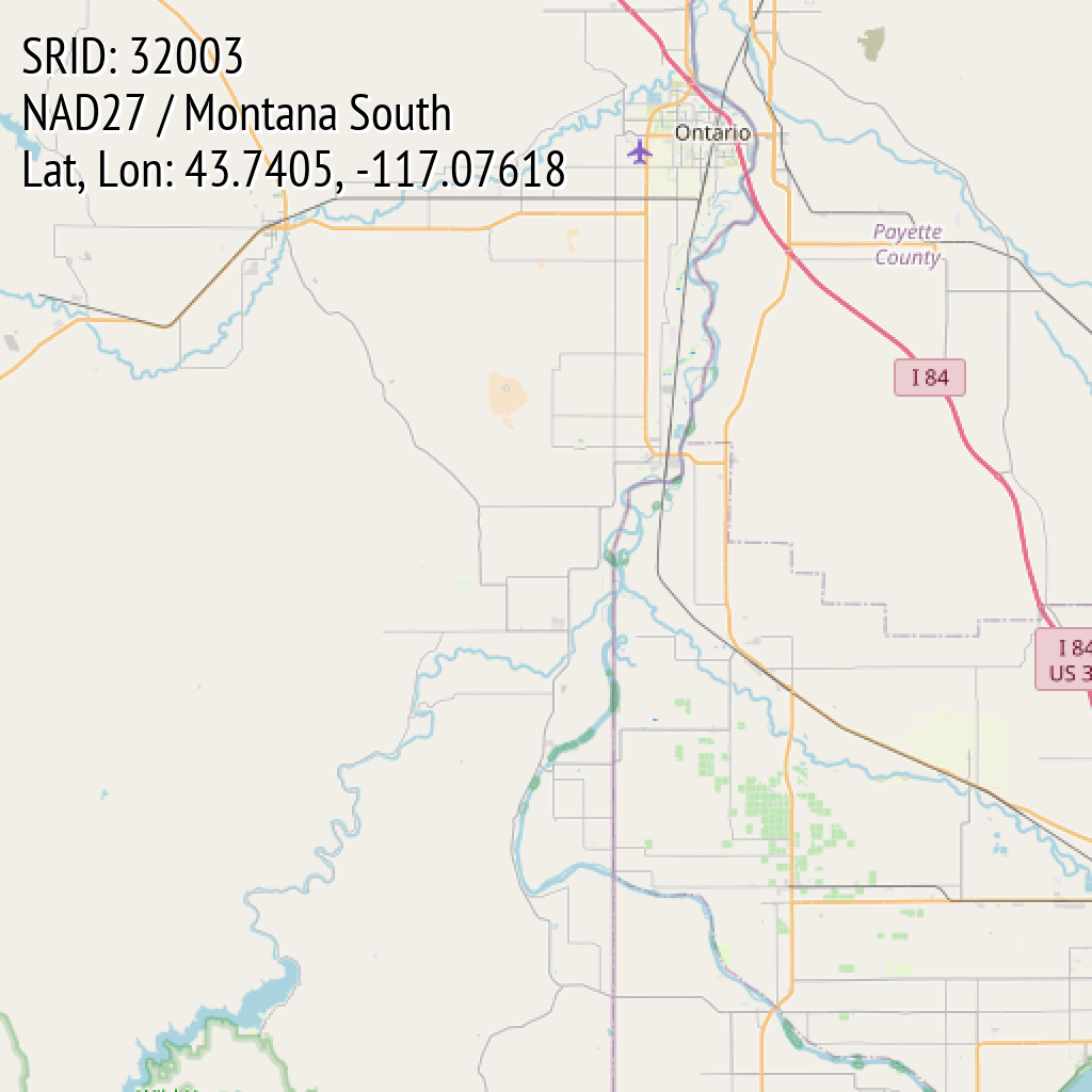 NAD27 / Montana South (SRID: 32003, Lat, Lon: 43.7405, -117.07618)