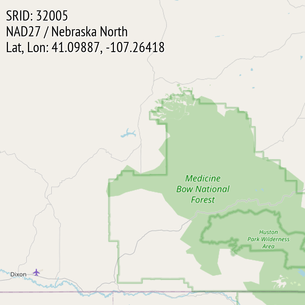 NAD27 / Nebraska North (SRID: 32005, Lat, Lon: 41.09887, -107.26418)