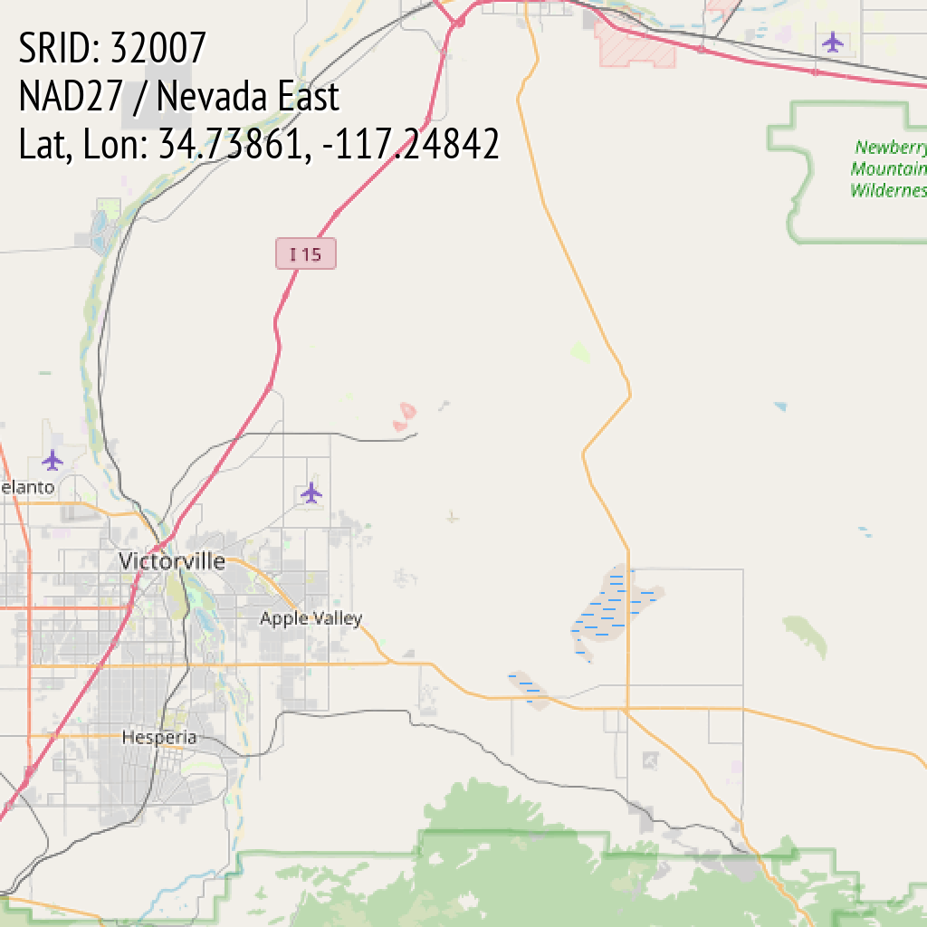 NAD27 / Nevada East (SRID: 32007, Lat, Lon: 34.73861, -117.24842)
