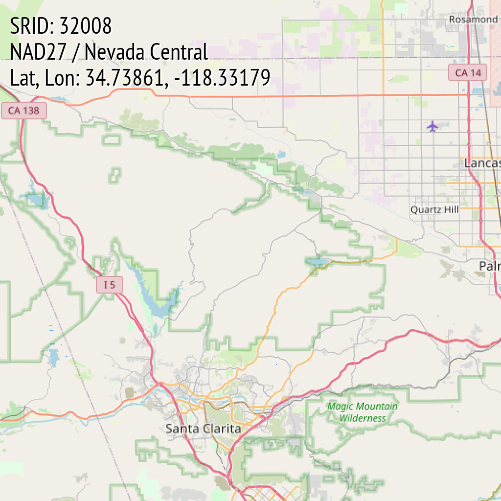 NAD27 / Nevada Central (SRID: 32008, Lat, Lon: 34.73861, -118.33179)