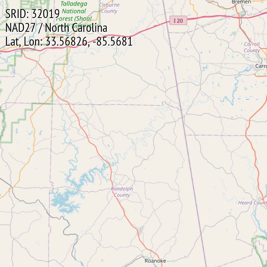 NAD27 / North Carolina (SRID: 32019, Lat, Lon: 33.56826, -85.5681)