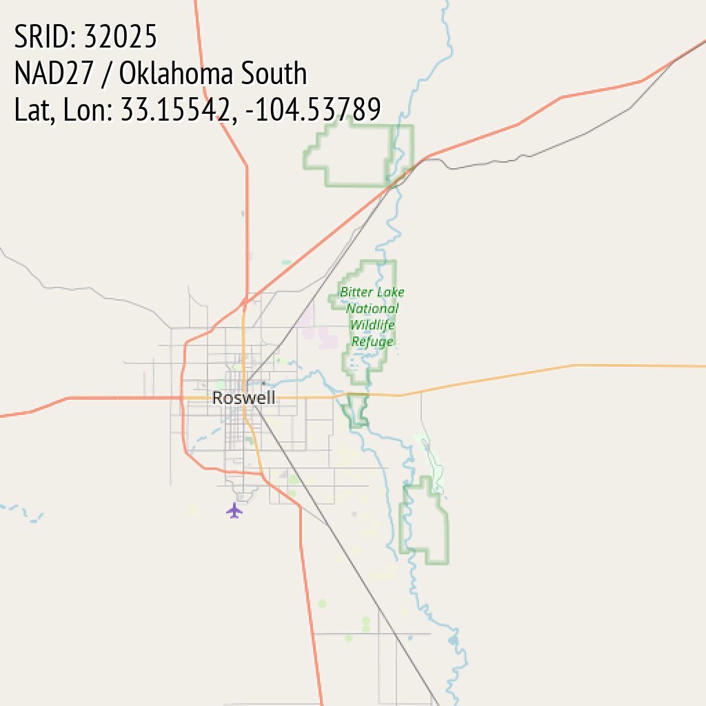 NAD27 / Oklahoma South (SRID: 32025, Lat, Lon: 33.15542, -104.53789)