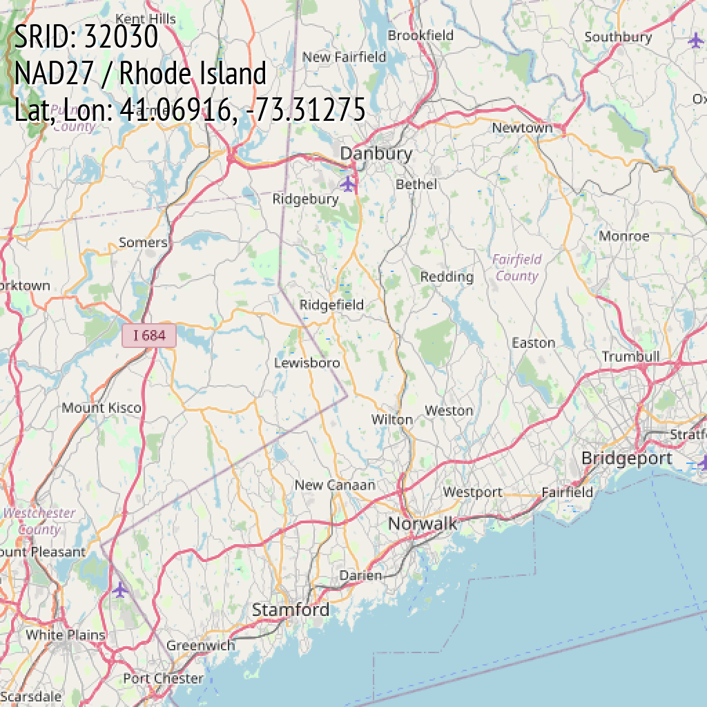 NAD27 / Rhode Island (SRID: 32030, Lat, Lon: 41.06916, -73.31275)