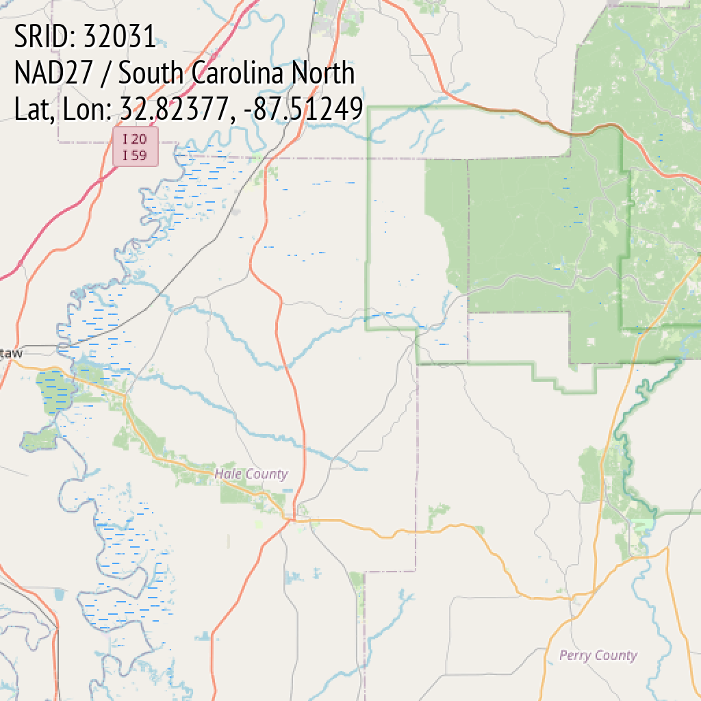 NAD27 / South Carolina North (SRID: 32031, Lat, Lon: 32.82377, -87.51249)