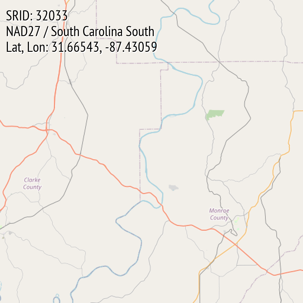 NAD27 / South Carolina South (SRID: 32033, Lat, Lon: 31.66543, -87.43059)