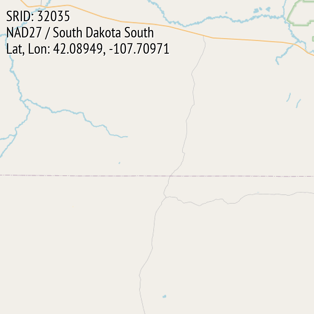 NAD27 / South Dakota South (SRID: 32035, Lat, Lon: 42.08949, -107.70971)