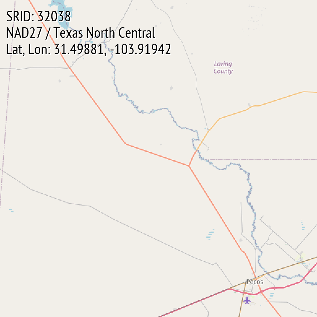 NAD27 / Texas North Central (SRID: 32038, Lat, Lon: 31.49881, -103.91942)
