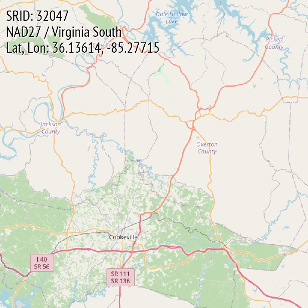 NAD27 / Virginia South (SRID: 32047, Lat, Lon: 36.13614, -85.27715)