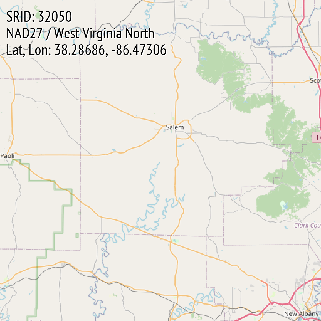 NAD27 / West Virginia North (SRID: 32050, Lat, Lon: 38.28686, -86.47306)
