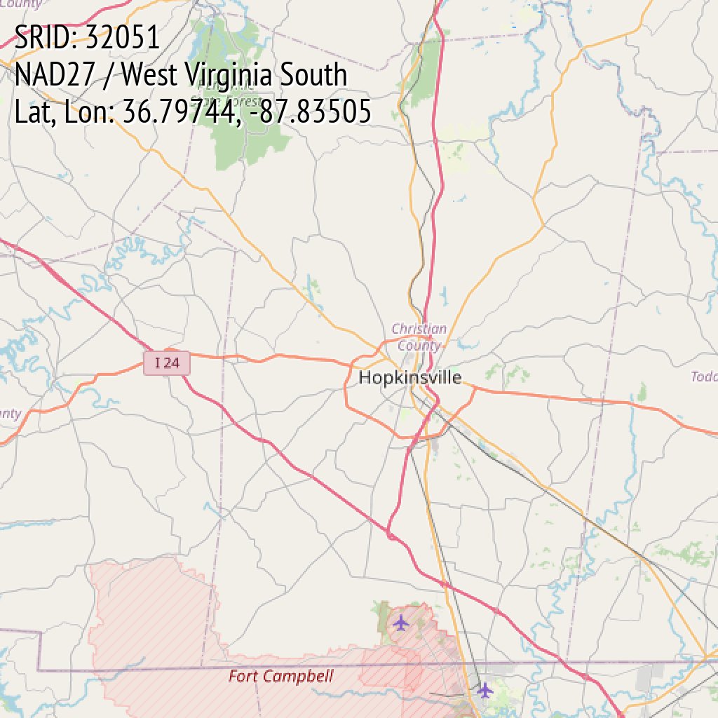 NAD27 / West Virginia South (SRID: 32051, Lat, Lon: 36.79744, -87.83505)