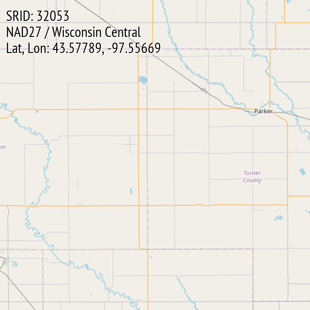 NAD27 / Wisconsin Central (SRID: 32053, Lat, Lon: 43.57789, -97.55669)