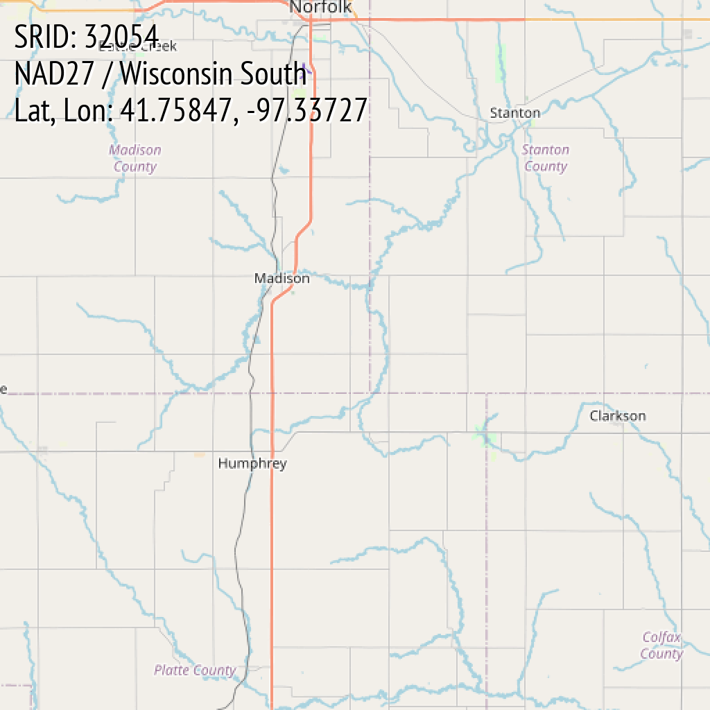 NAD27 / Wisconsin South (SRID: 32054, Lat, Lon: 41.75847, -97.33727)