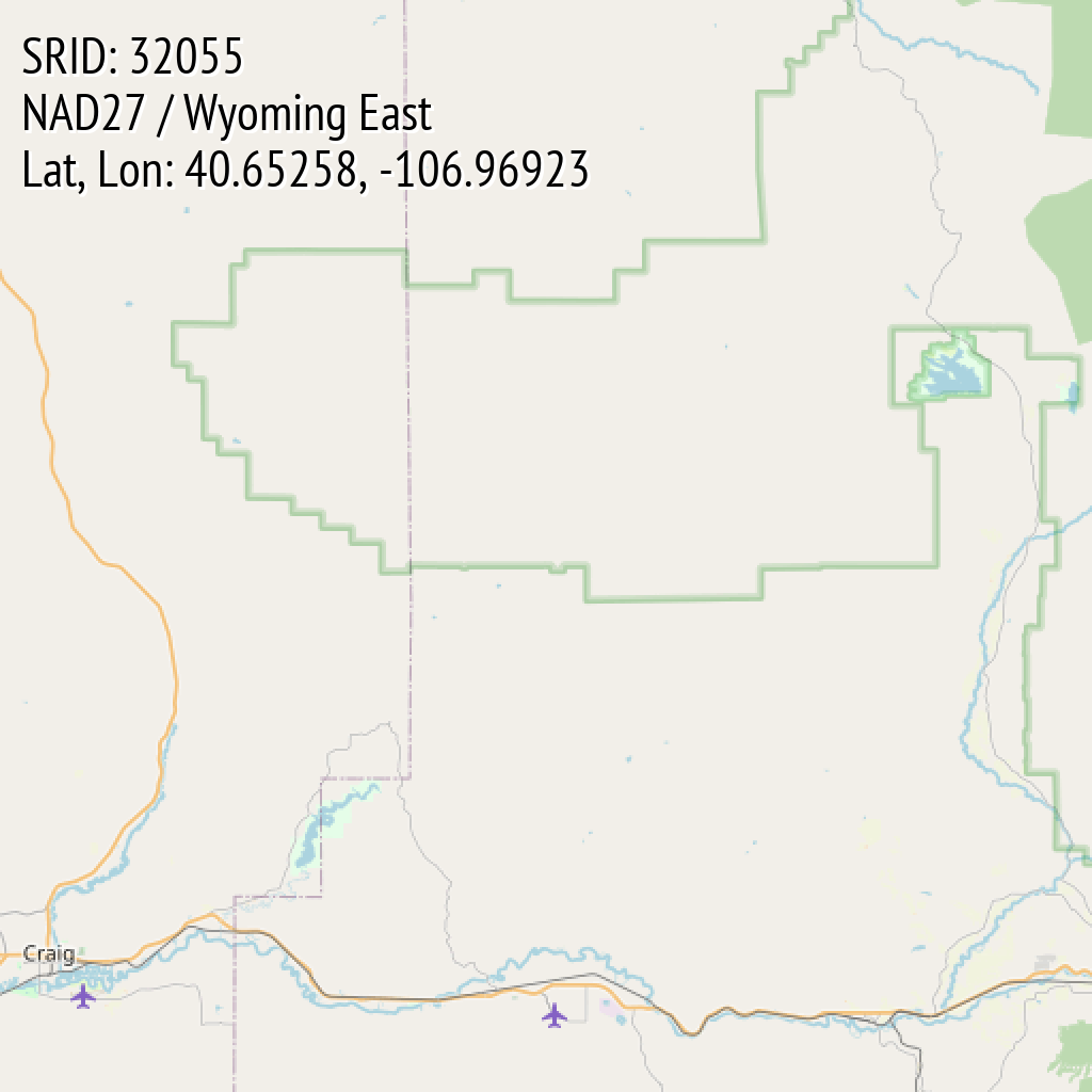 NAD27 / Wyoming East (SRID: 32055, Lat, Lon: 40.65258, -106.96923)