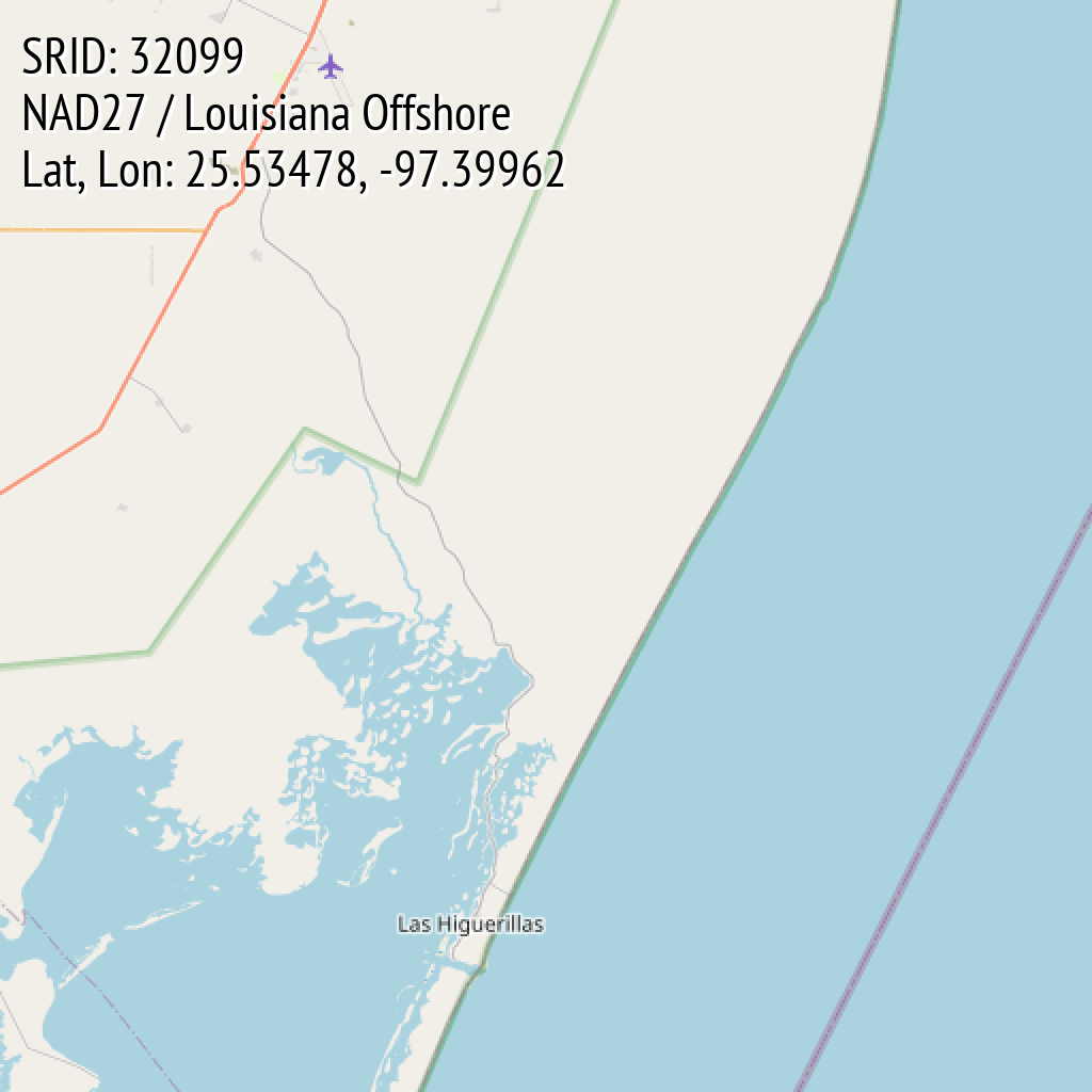 NAD27 / Louisiana Offshore (SRID: 32099, Lat, Lon: 25.53478, -97.39962)
