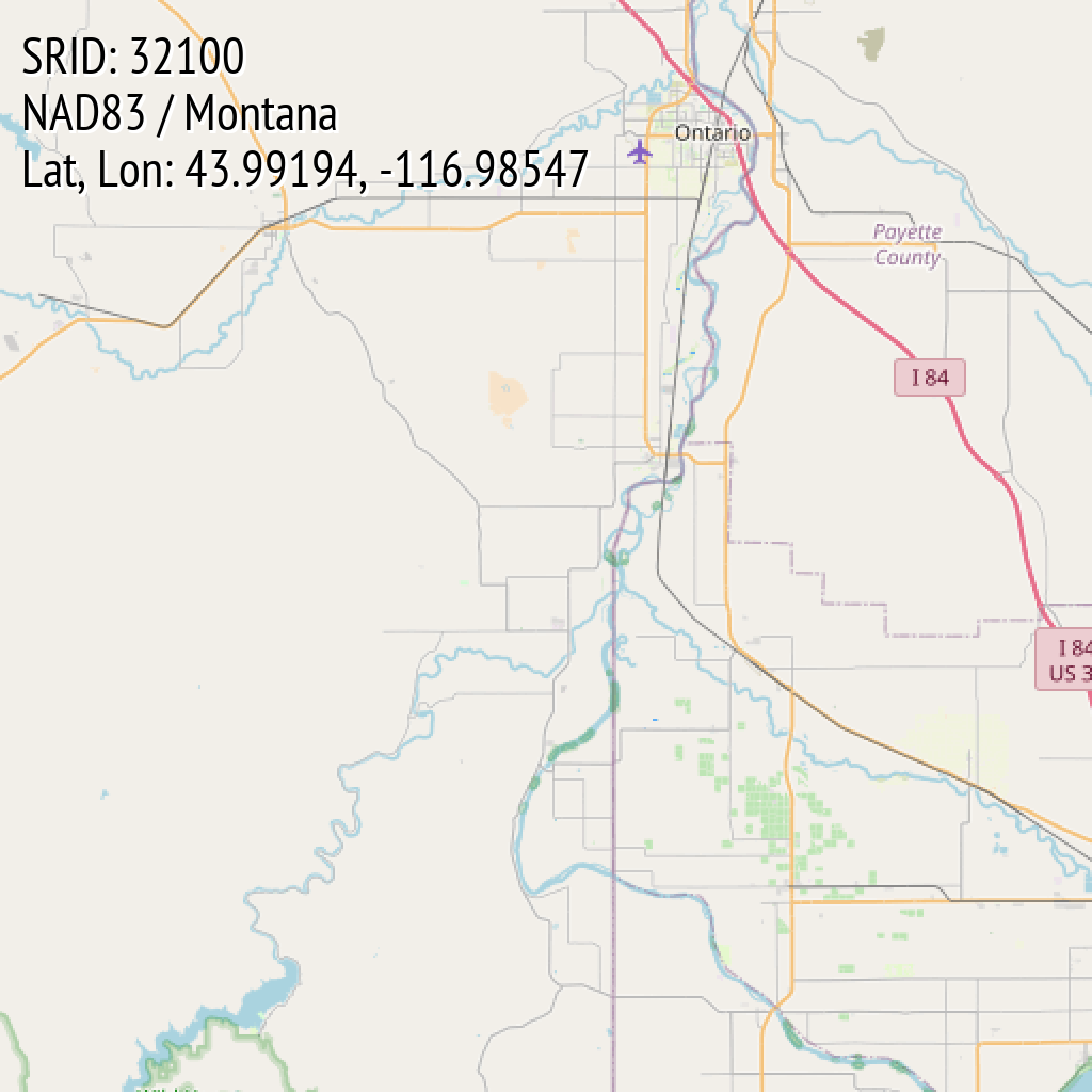 NAD83 / Montana (SRID: 32100, Lat, Lon: 43.99194, -116.98547)
