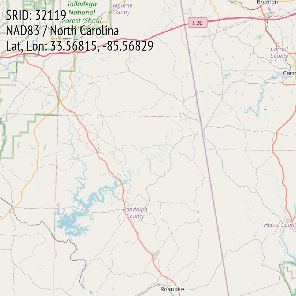 NAD83 / North Carolina (SRID: 32119, Lat, Lon: 33.56815, -85.56829)