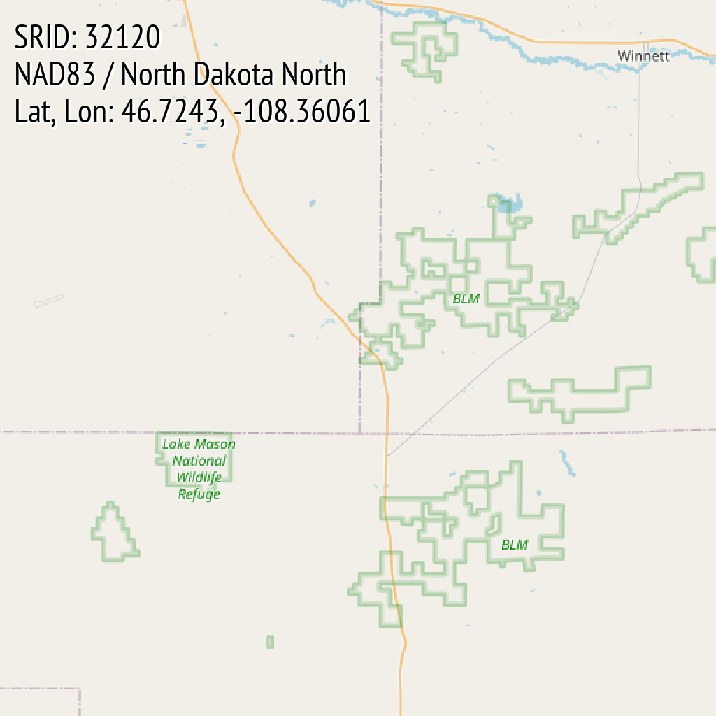 NAD83 / North Dakota North (SRID: 32120, Lat, Lon: 46.7243, -108.36061)