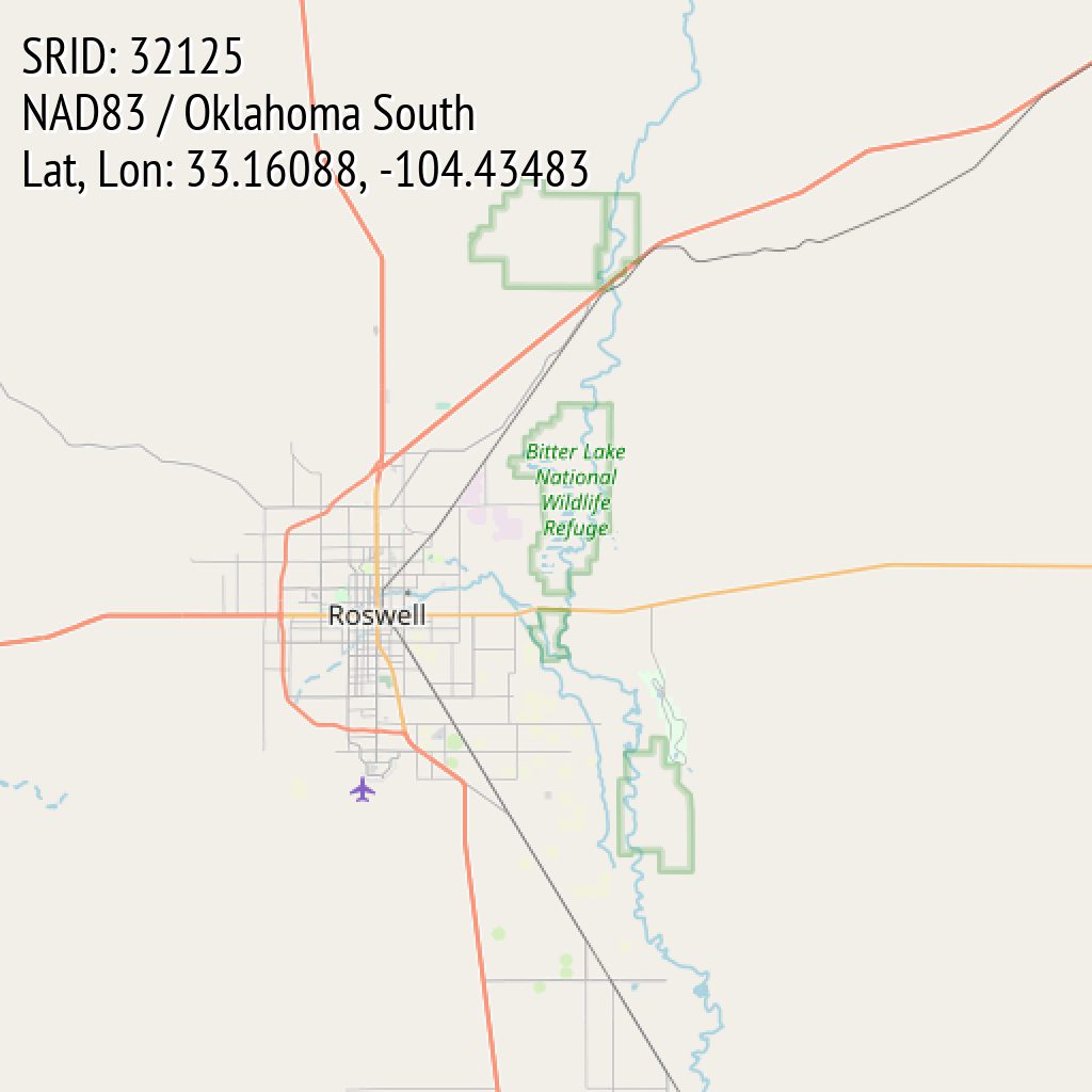 NAD83 / Oklahoma South (SRID: 32125, Lat, Lon: 33.16088, -104.43483)