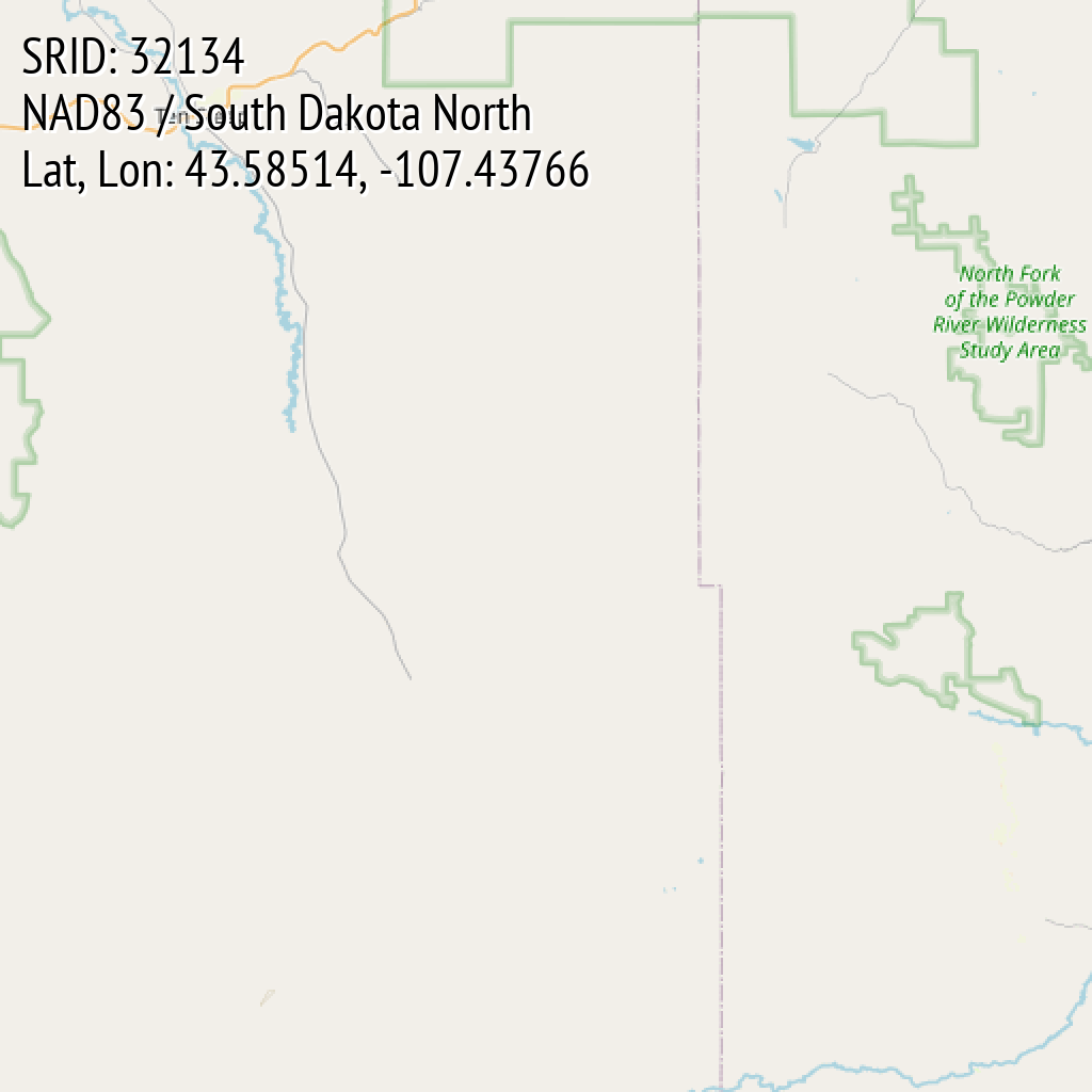 NAD83 / South Dakota North (SRID: 32134, Lat, Lon: 43.58514, -107.43766)
