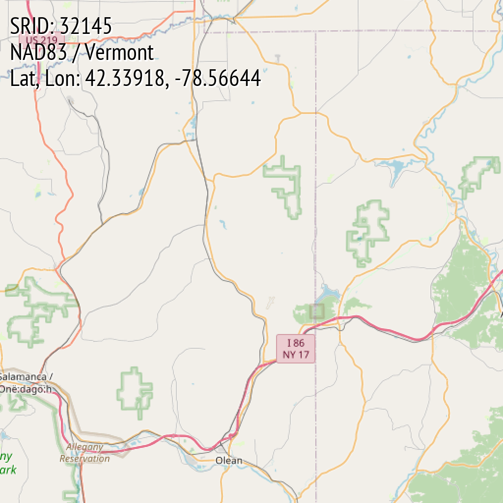 NAD83 / Vermont (SRID: 32145, Lat, Lon: 42.33918, -78.56644)