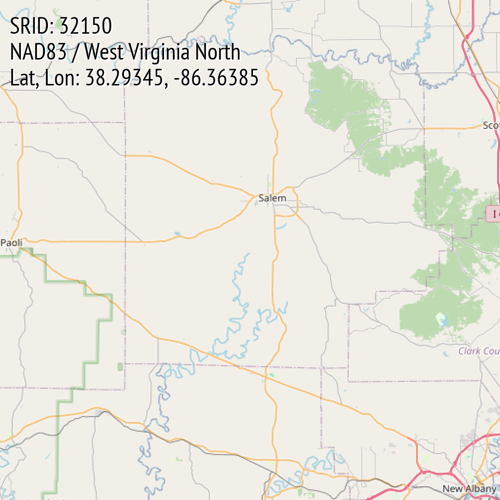 NAD83 / West Virginia North (SRID: 32150, Lat, Lon: 38.29345, -86.36385)