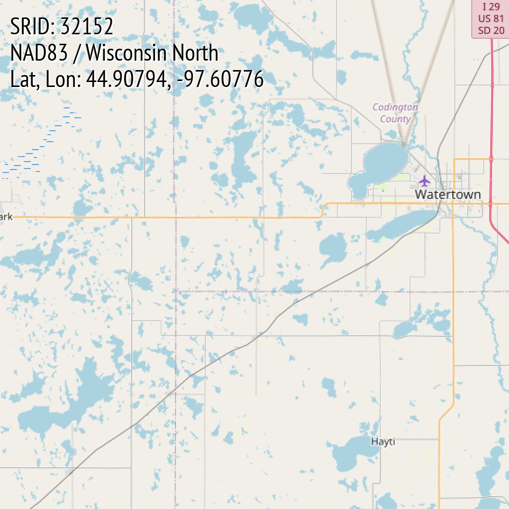 NAD83 / Wisconsin North (SRID: 32152, Lat, Lon: 44.90794, -97.60776)