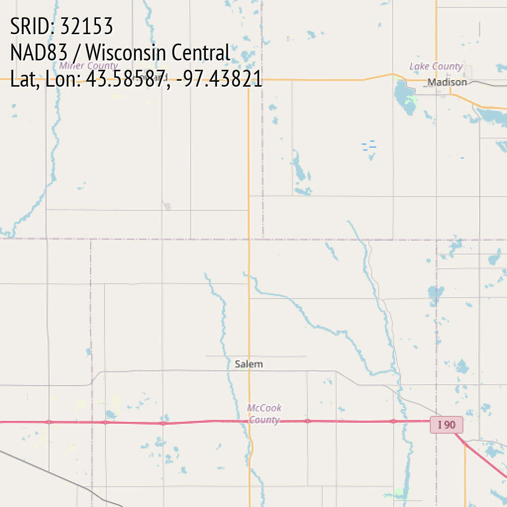 NAD83 / Wisconsin Central (SRID: 32153, Lat, Lon: 43.58587, -97.43821)