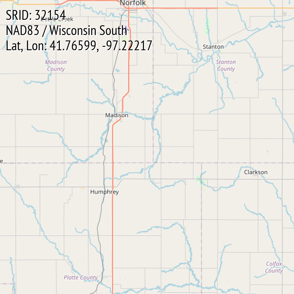 NAD83 / Wisconsin South (SRID: 32154, Lat, Lon: 41.76599, -97.22217)