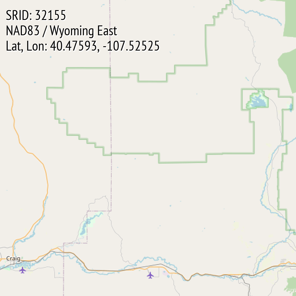 NAD83 / Wyoming East (SRID: 32155, Lat, Lon: 40.47593, -107.52525)