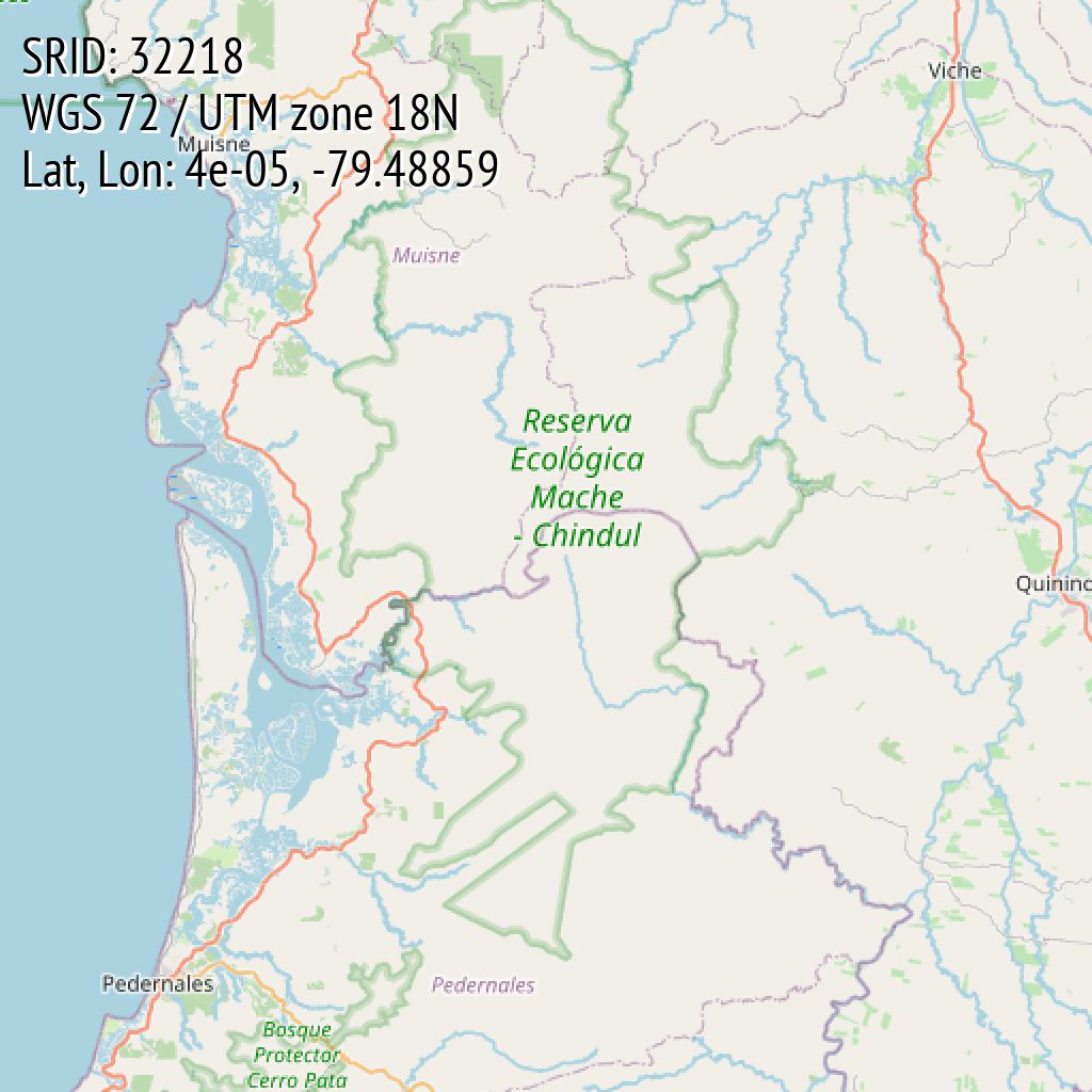 WGS 72 / UTM zone 18N (SRID: 32218, Lat, Lon: 4e-05, -79.48859)