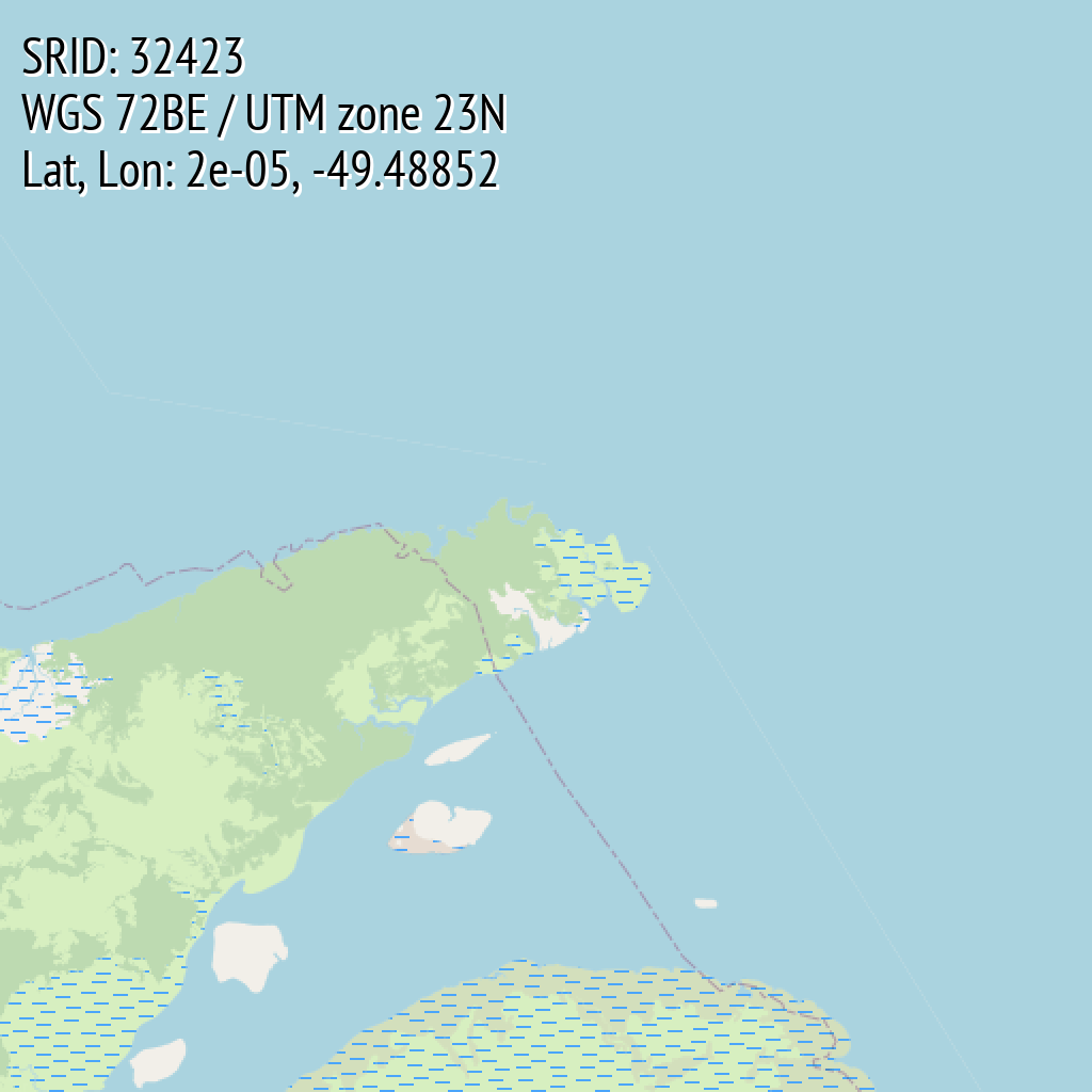 WGS 72BE / UTM zone 23N (SRID: 32423, Lat, Lon: 2e-05, -49.48852)