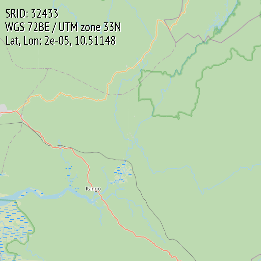 WGS 72BE / UTM zone 33N (SRID: 32433, Lat, Lon: 2e-05, 10.51148)