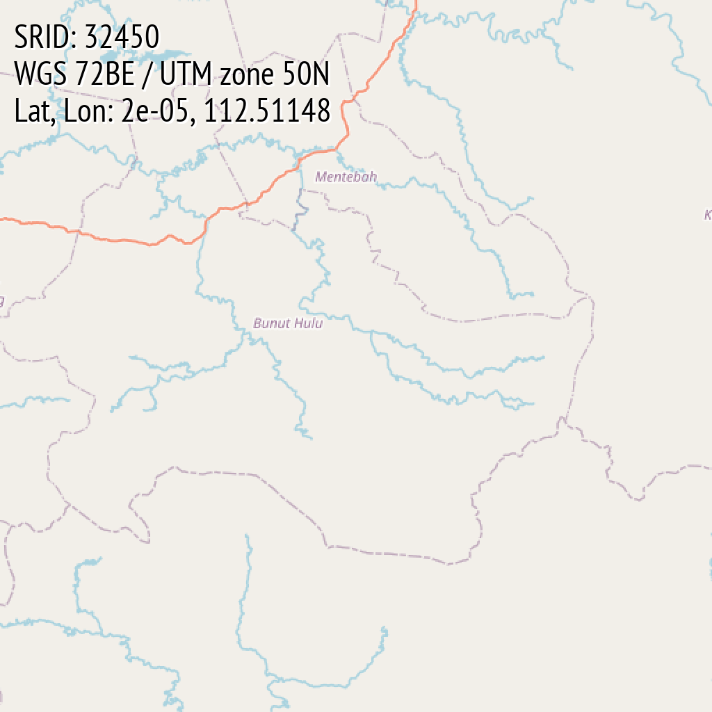 WGS 72BE / UTM zone 50N (SRID: 32450, Lat, Lon: 2e-05, 112.51148)