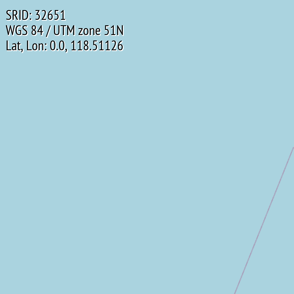 WGS 84 / UTM zone 51N (SRID: 32651, Lat, Lon: 0.0, 118.51126)